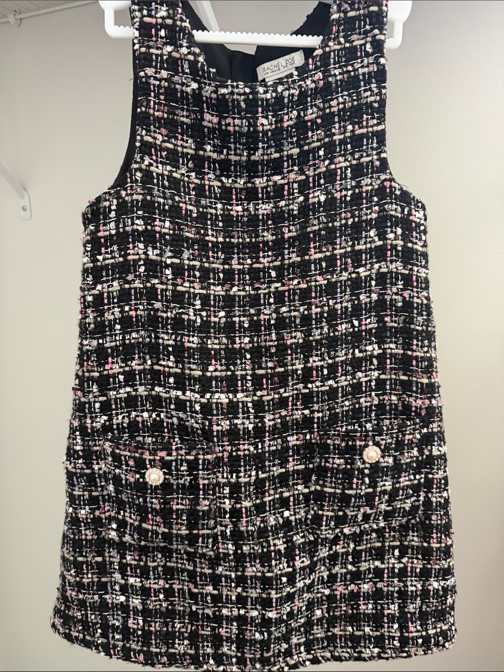 Rachel Zoe Black Tweed Shift Dress with Pink & White Accents